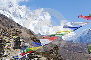 Himalayas,Prayer flags, strung along mountain ridges and peaks high in the Himalayas