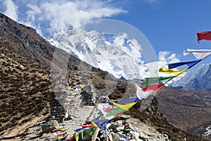 Himalayas,Prayer flags, strung along mountain ridges and peaks high in the Himalayas