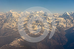 Himalayas ridge with Mount Gaur Shankar and Melungtse aerial view from Nepal country side