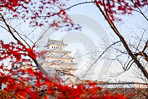 Himeji Castle, also called White Heron Castle, in autumn season, Japan.