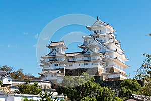 Himeji Castle in Japan against a clear blue sky