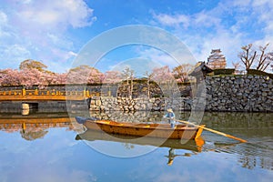 Himeji castle moat boat tour during full bloom cherry blossom in Hyogo, Japan