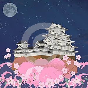 Himeji Castle at night in the picture. Pink sakura flowers ahead. starry sky and moon