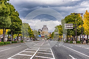 Himeji city in Hyogo Prefecture of Japan with street level view of Himeji castle