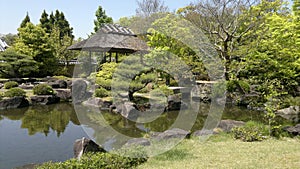 Himeji Garden with pond in Japan