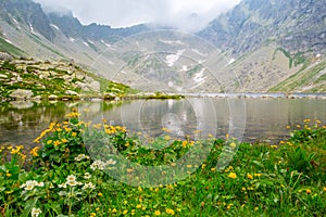 Hincovo pleso v hmle pri východe slnka. Vysoké Tatry Slovensko