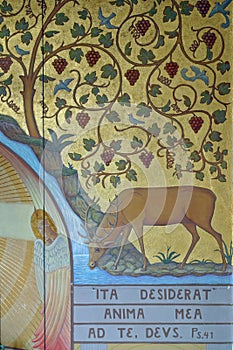 The hind drinks at the source of life, fresco in the church of Corpus Domini in Zagreb