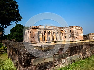 Hindola Mahal in Mandu, Royal Palace in India with beautiful winter blue sky in background.