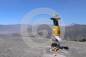 Hindu altar Pura on top of Batok volcano at Bromo crater in volcanic caldera. Bromo Tengger Semeru National Park on Java Island