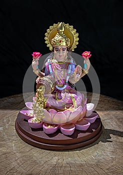 Hindu cosmos Maha laxshmi statue decorated with Flower Garland. Statue of Goddess of Wealth