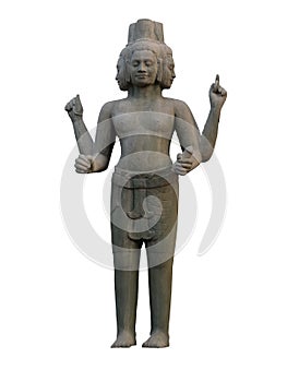 Hindu deity with four arms and four faces. Ancient statue. Isolated. White background