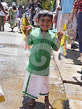 Pussellawa, Sri Lanka,  03/20/2019: Hindu festival of Thaipusam - body piercing rituals under the blood moon. Devotees parading