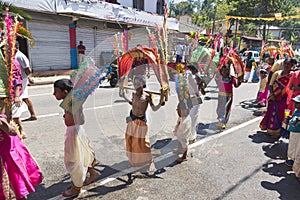 Pussellawa, Sri Lanka,  03/20/2019: Hindu festival of Thaipusam - body piercing rituals under the blood moon. Devotees parading