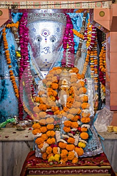 hindu god ganesha idol worshiped with flowers vertical shot from flat angle