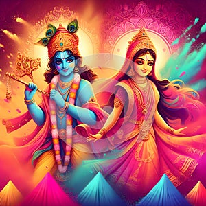 Hindu God Krishna and Radha in colorful Holi festival concept