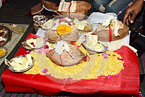 Hindu god worship trowel with puja items