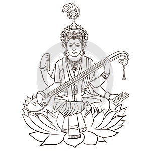 Hindu Goddess Saraswati. Vector hand drawn