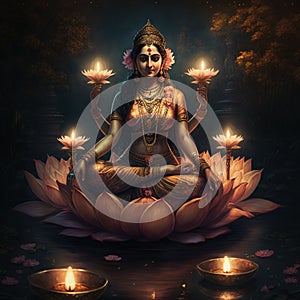 Hindu godess Laxmi sitting on lotus Magical glow - Generted by generative AI photo
