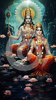 Hindu Indian lord Vishnu and goddess Lakshmi together generative AI photo