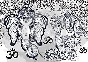 Hindu Lord Ganesha over watercolor background. Beautiful floral elements aroud. High-detailed vector illustration, tattoo art.