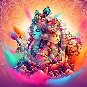 Hindu mythological couple Krishna and Radha in colorful Holi festival concept