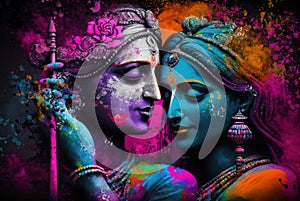 Hindu mythological couple Krishna and Radha playing Holi festival. Generative Ai