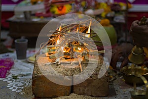 Hindu pooja ritual yagya or yajna, which is fire ceremony performed during marriage, puja and other religious occasions as per