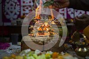 Hindu pooja ritual yagya or yajna, which is fire ceremony performed during marriage, puja and other religious occasions as per