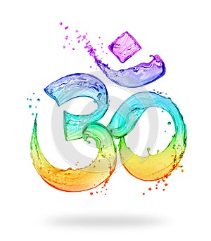 Hindu sign Om made of colored water splashes on white background