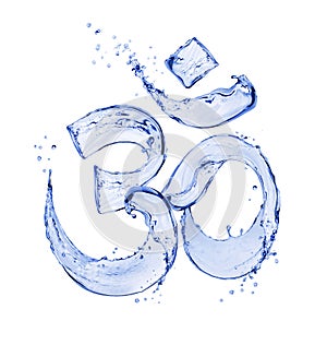 Hindu sign Om made of water splashes isolated on white