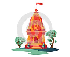 Hindu small temple with flag and trees 