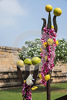 Hindu symbols, trishul normally found outside the temple, Gangaikonda Cholapuram, Tamil Nadu