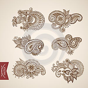 Hindu tattoo pattern monochrome engraving lineart vintage vector