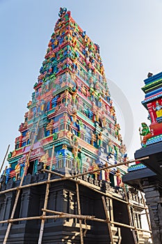 Hindu temple with colorful decoration that viewed from below in the area of Siddhesvara Dhaam in Namchi. Sikkim, India