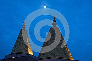 Hindu Temple at Dusk with Full Moon