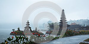 Hindu temple Pura Ulun Danu under rain. Bratan, Bali, Indonesia