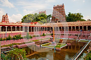 Hindu temple tower and tank