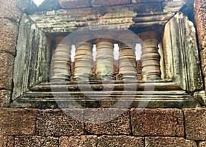 Hindu Temple Window ruins. khmer archeology. Ancient.