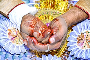 Hindu wedding ceremony. Details of traditional indian wedding. Beautifully decorated hindu wedding accessories. Indian marriage