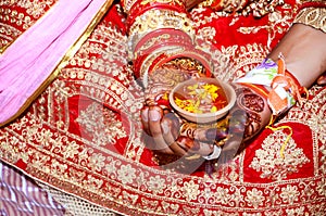 Hindu wedding ceremony. Details of traditional indian wedding. Beautifully decorated hindu wedding accessories. Indian marriage
