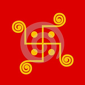 Hinduism holy symbol Haldi Swastik on Red kumkum background