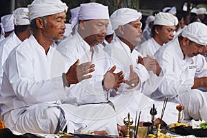 Hindus carry out prayers in the context of the Melasti ceremony ahead of Nyepi Day
