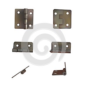 Hinge for doors vector illustration. Set of brass or bronze industrial ironmongery. photo