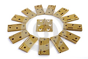 Hinges for doors flower sun circle. Golden brass. On white