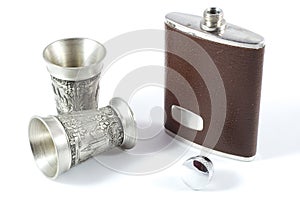 Hip flask and pewter cups