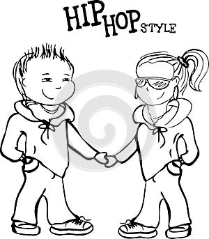 Hip hop boy and girl holding hands, vector illustration