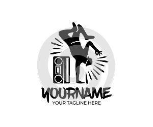 Hip hop dancer and cassette player or retro tape player, logo design. Street dances, music and art, vector design