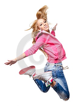 Hip hop dancer woman jumping high in the air