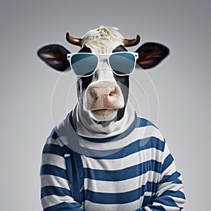 Hip-hop Inspired Male Cow With Sunglasses And Blue Striped Shirt
