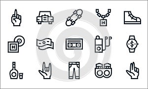 Hip hop line icons. linear set. quality vector line set such as hand, pants, whiskey, rings, hand, lp, mp player, necklace, car